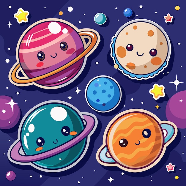 Cute cartoon planets in space with stars