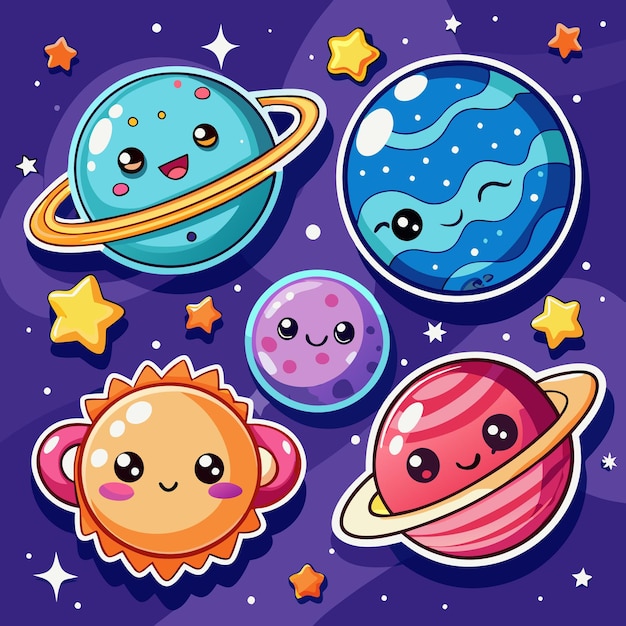 Cute cartoon planets and stars in outer space