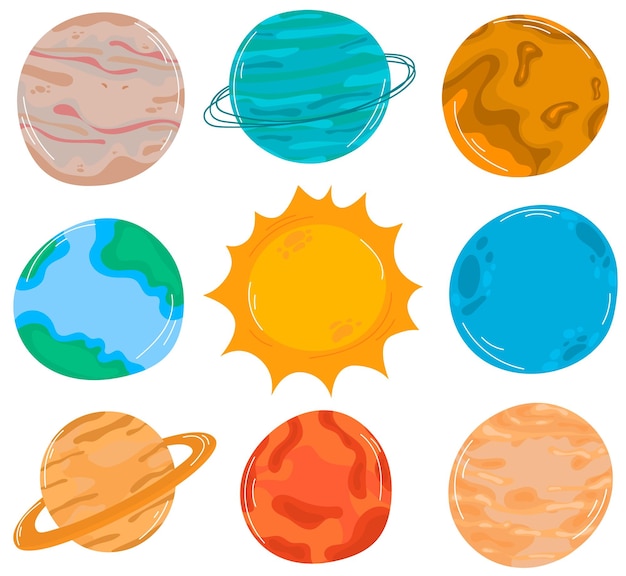 Cute cartoon planets Vector illustration in flat design cute space object set for baby fashion