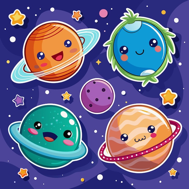 Vector cute cartoon planets with rings and stars on a dark purple background