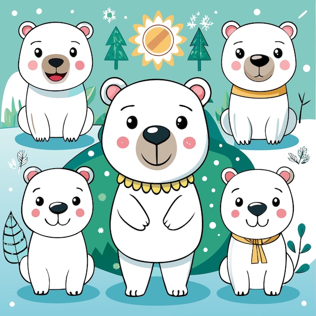 Vector cute cartoon polar bears in a snowy landscape with trees and sun