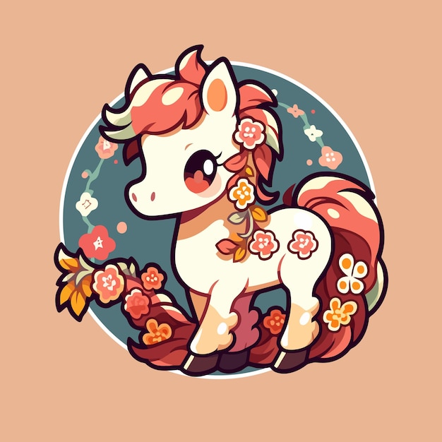 Cute cartoon pony with floral ornament