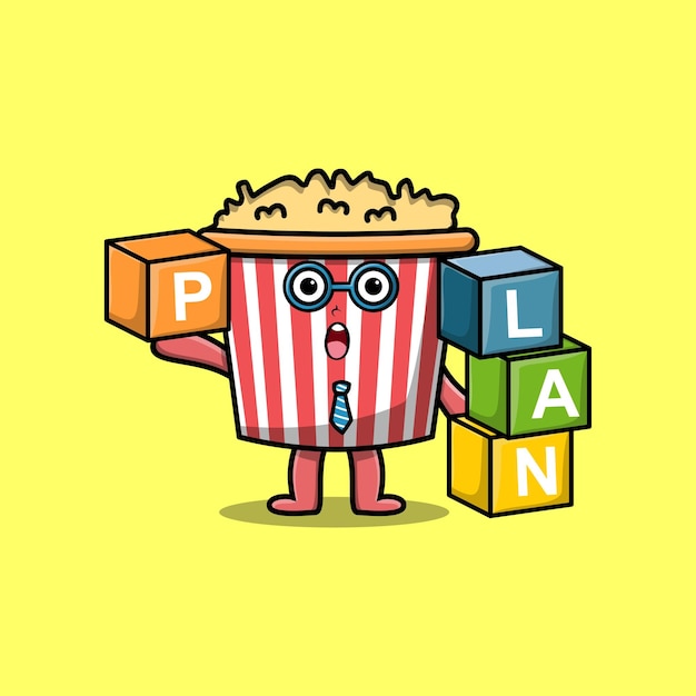 Cute cartoon Popcorn businessman stacking plan box in flat modern style design