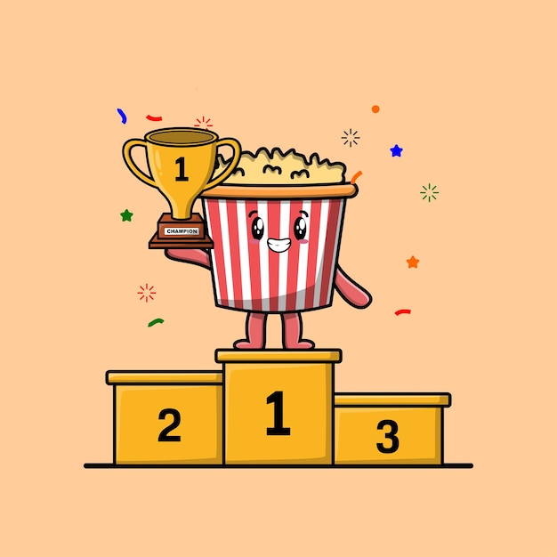 Cute cartoon Popcorn character as the first winner with happy expression in modern illustration