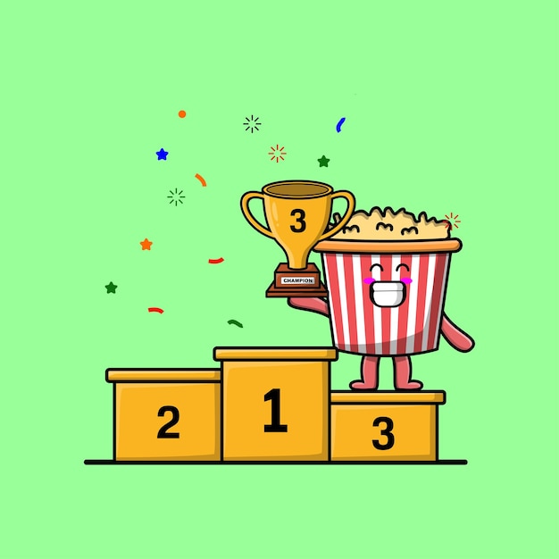 Cute cartoon Popcorn character as the third winner with happy expression in modern illustration