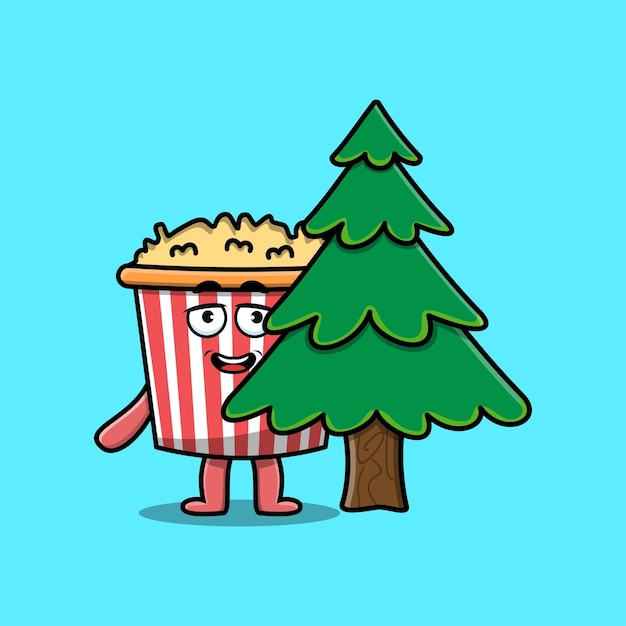 Cute cartoon Popcorn character hiding tree in flat modern design in modern style design