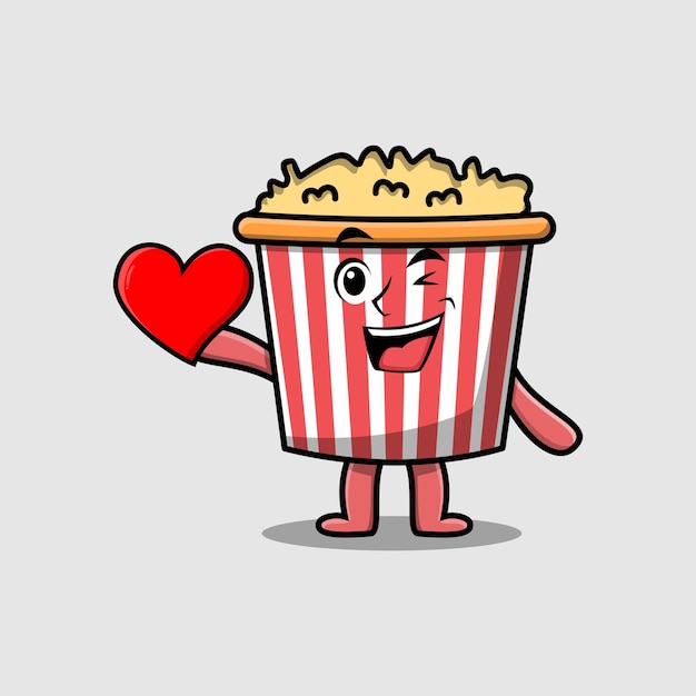 Cute cartoon Popcorn character holding big red heart in modern style design illustration