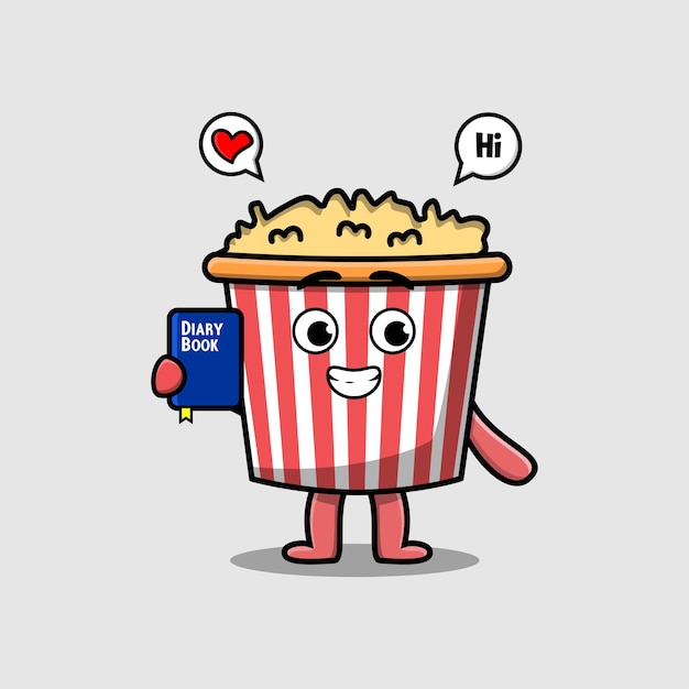 Cute cartoon Popcorn character holding diary book illustration with happy expression