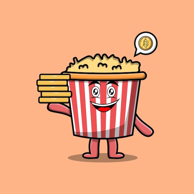 Cute cartoon popcorn character holding in stacked gold coin vector illustration