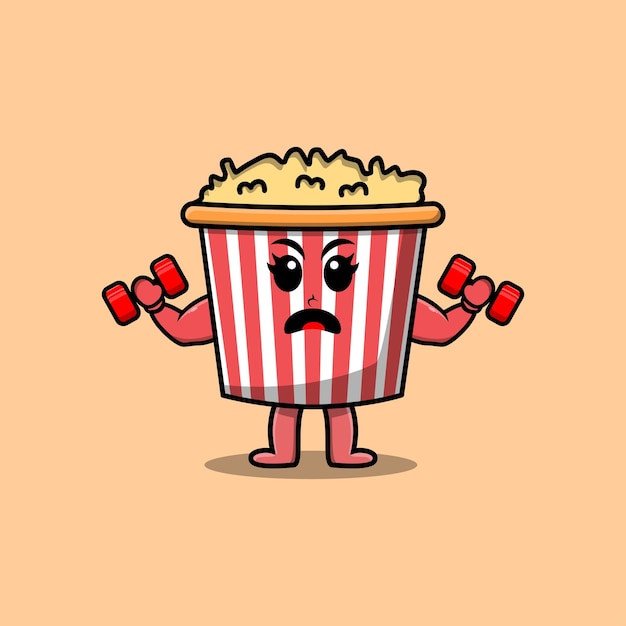 Cute cartoon Popcorn character is fitness with barbell in modern style design