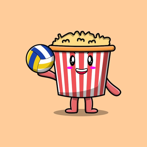 Cute cartoon Popcorn character playing volleyball in flat cartoon style illustration