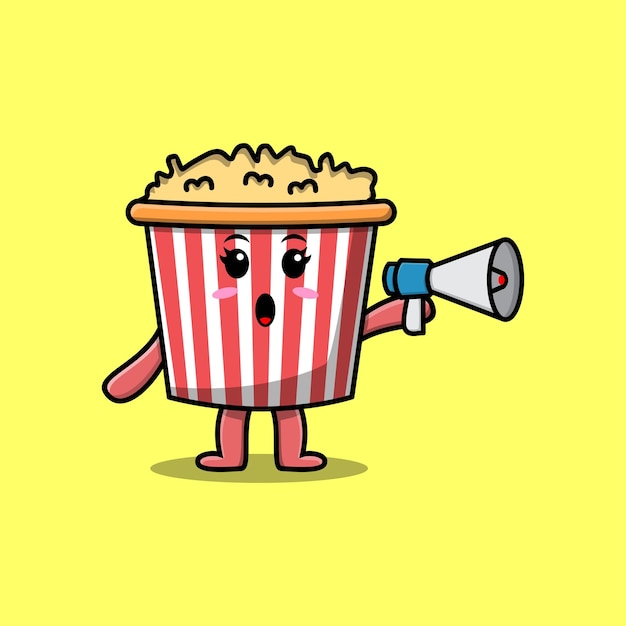 Cute Cartoon Popcorn character speak with megaphone in 3d cartoon style concept