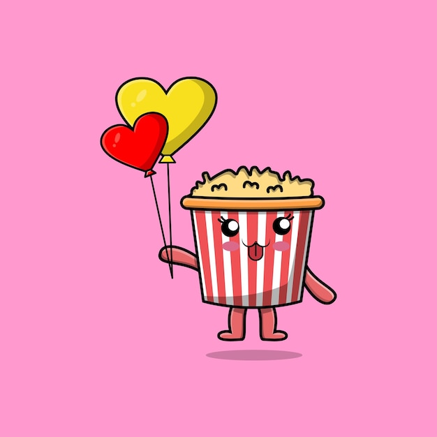 Cute cartoon Popcorn floating with love balloon cartoon vector illustration