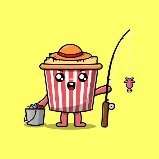 Cute cartoon Popcorn ready fishing character illustration wearing fishing equipment