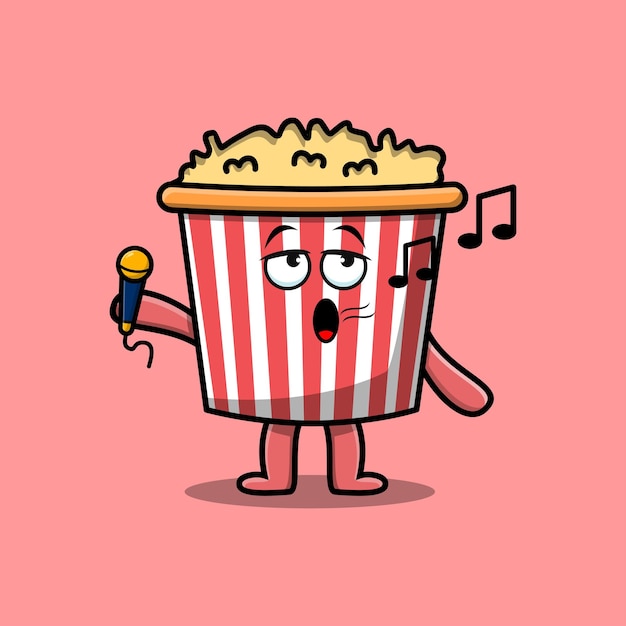 Cute cartoon Popcorn singer character holding mic in flat modern style design