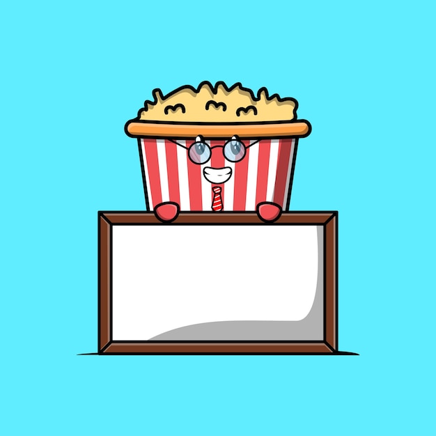 Cute cartoon Popcorn teacher character with big whiteboard in flat cartoon style concept