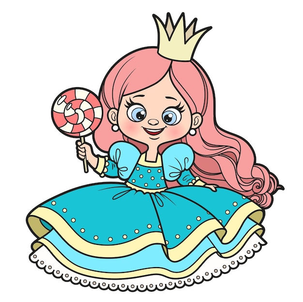 Cute cartoon princess with a big candy drawing color variation for coloring page on a white background