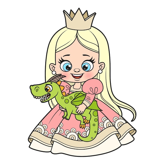 Cute cartoon princess with a soft toy dragon color variation for coloring page on a white background