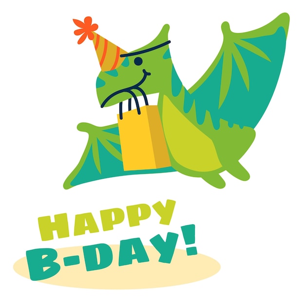 Vector cute cartoon pterosaur in a festive hat and package of gifts a flat of a childrens festive dinosaur