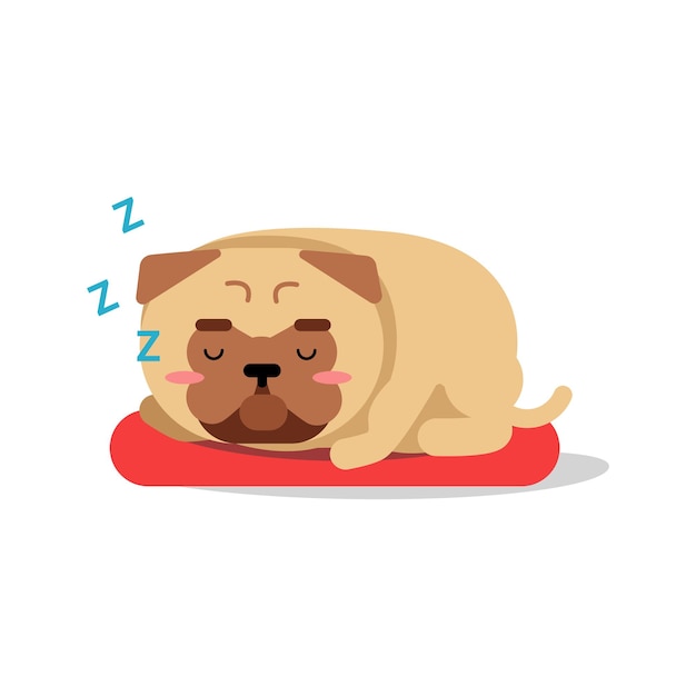 Cute cartoon pug dog character sleeping on red mat vector Illustration isolated on a white background