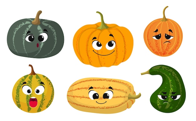 Cute cartoon pumpkin Harvest time fresh farm vegetables Pumpkins comic faces vector set