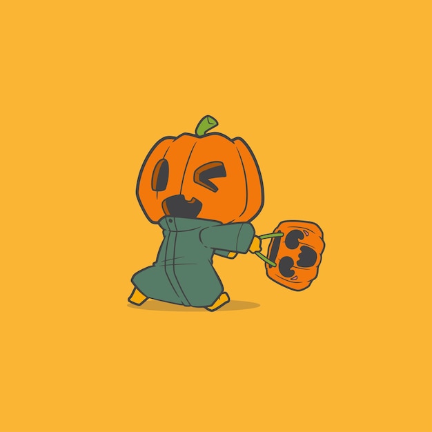 A cute cartoon Pumpkin head brings a bucket