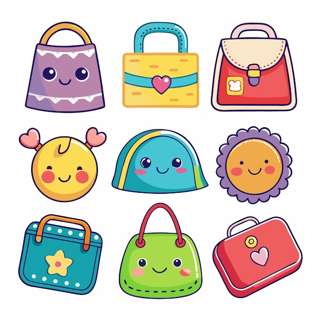 Vector cute cartoon purses and bags with smiley faces