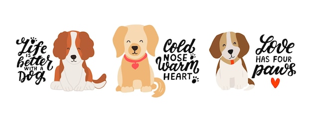 Cute cartoon pyppy dogs set Puppy beagle gold retriever labrador cocker spaniel Home pets dog lovers