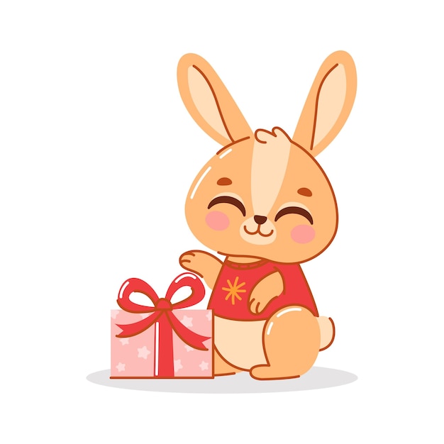 Cute cartoon rabbit or hare A rabbit with a gift in his hands Printing on children's Tshirts