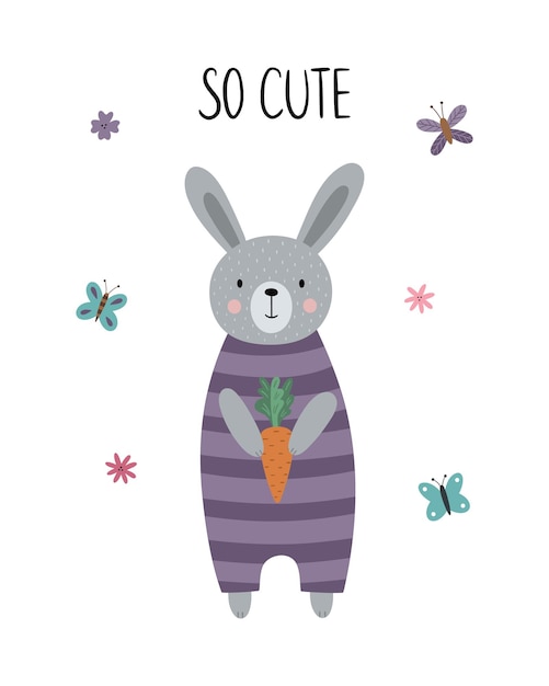 Cute cartoon rabbit holding a carrot Funny childrens poster