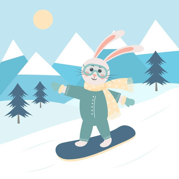 Cute cartoon rabbit in ski mask is snowboarding Winter mountain landscape