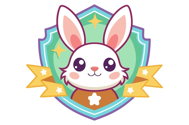 Cute Cartoon Rabbit with Big Eyes Inside a StarDecorated Shield