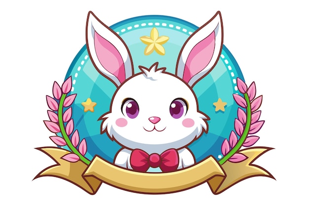 Cute Cartoon Rabbit with Bowtie and Floral Wreath