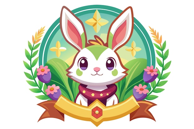 Cute Cartoon Rabbit with Floral Wreath and Ribbon