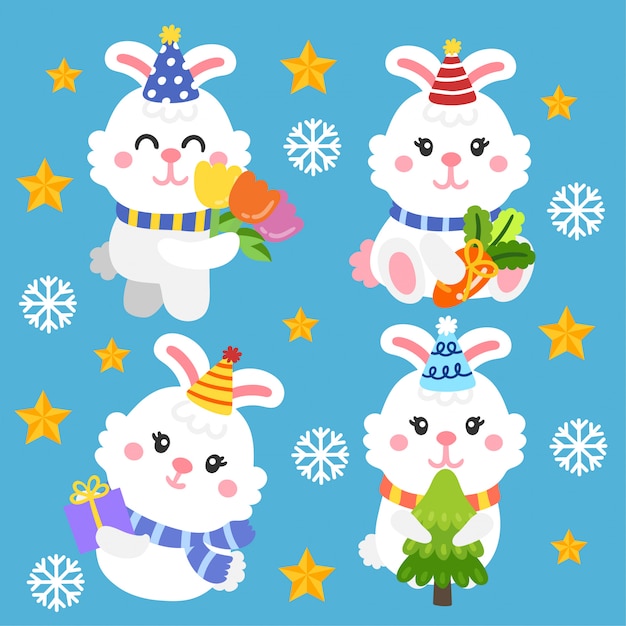 Cute Cartoon Rabbits Christmas vector.