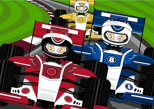 Cute Cartoon Racing Drivers on Race Track in Sports Cars