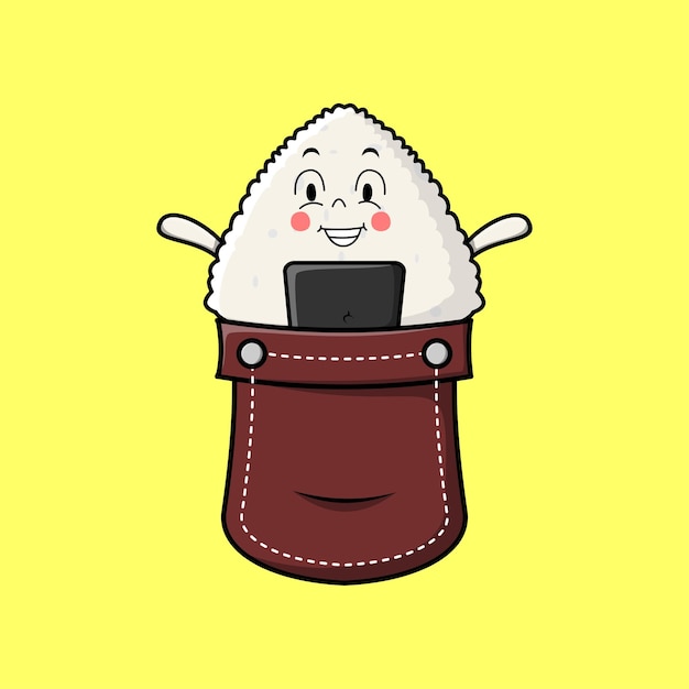 Cute cartoon Rice japanese sushi character coming out from pocket look so happy