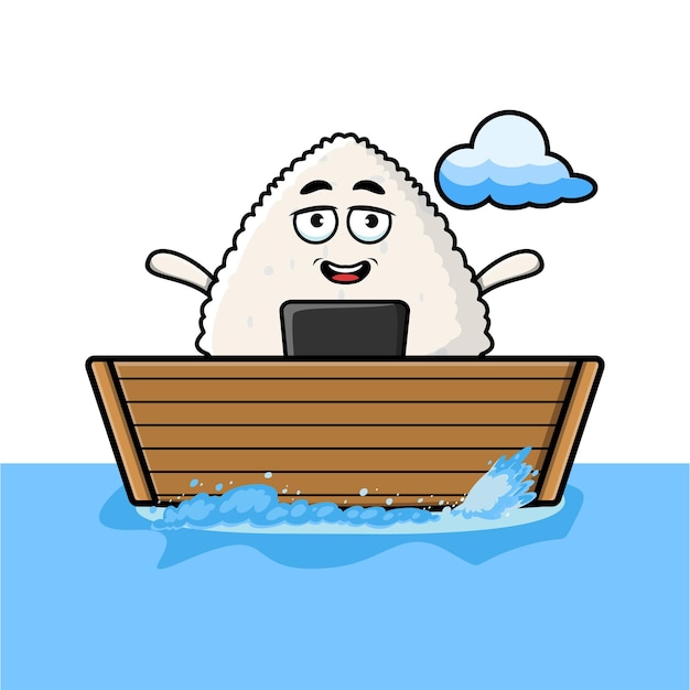 cute cartoon rice japanese sushi get on boat in vector character illustration