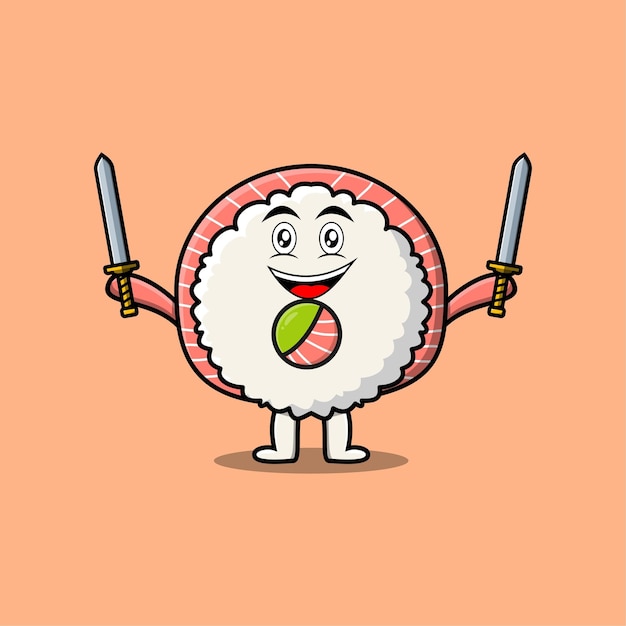 Cute cartoon Rice sushi rolls sashimi character holding two sword in flat modern design