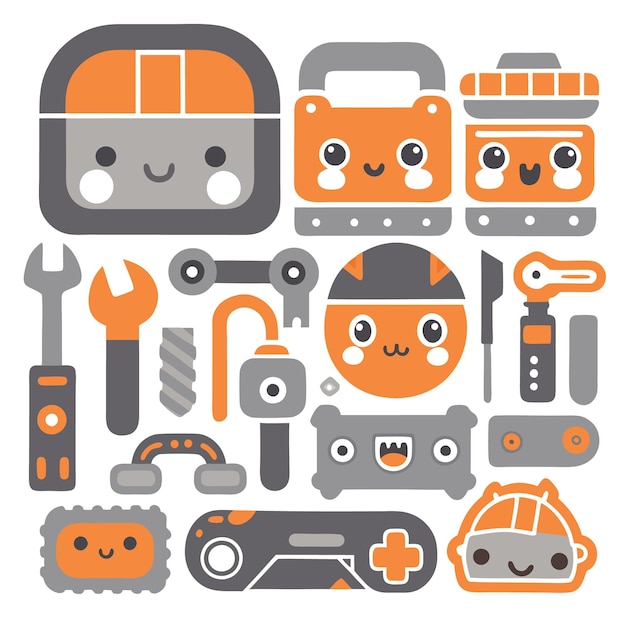 Cute cartoon robot characters with tools and gadgets