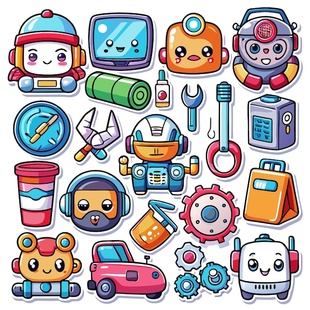 Vector cute cartoon robot stickers with different styles and expressions