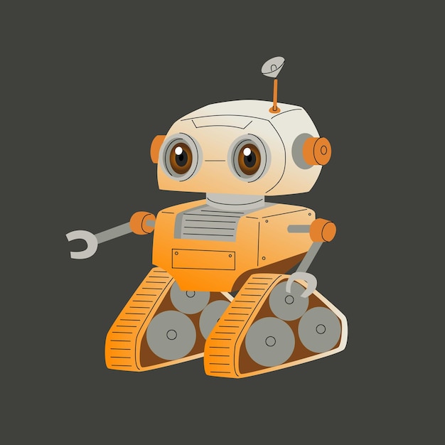 Cute cartoon robot with big eyes on wheels Friendly artificial intelligence ready to help a person Vector illustration isolated on a dark background