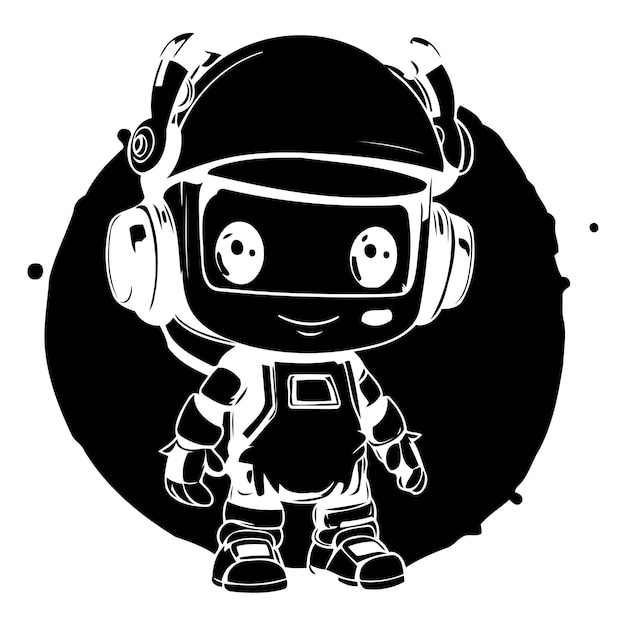 Cute cartoon robot with headphones on blue background Vector illustration