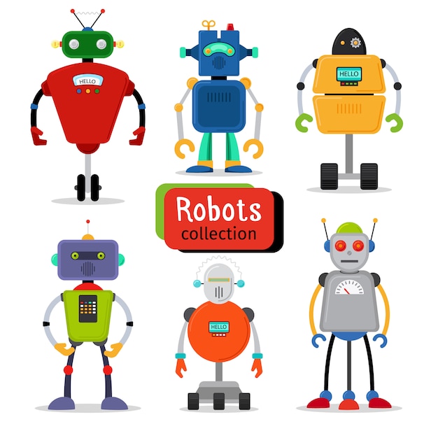 Cute cartoon robots set on white background