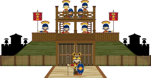 Cute Cartoon Roman Soldiers at Tower Fort History Illustration