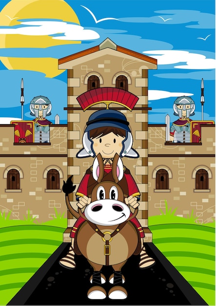 Cute Cartoon Roman Soldiers at Tower Fort History Illustration