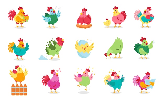 Cute cartoon rooster hen and chicks isolated on white background Bundle of chicken with brood