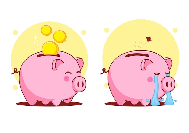 Cute cartoon sad empty and happy piggy bank illustration