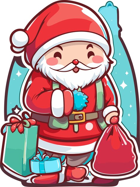 Vector cute cartoon santa claus coming in christmas day with gifts vector illustration