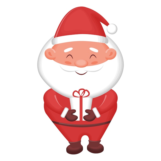 Cute cartoon Santa Claus holding gift. Isolated character on a white background